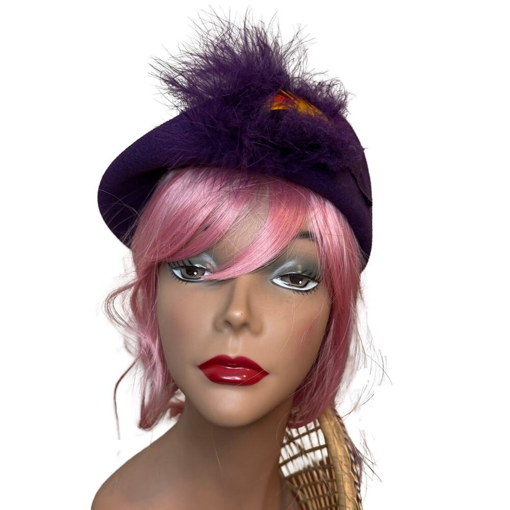 Vintage 100% Wool Doeskin Felt Pillbox Hat Purple Feathers Velvet Bow